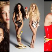 Gigi şi Bella Hadid în costumul Evei by Versace
